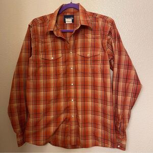 WRANGLER cotton pearl snap shirt button front orange plaid Youth XXL 18-20